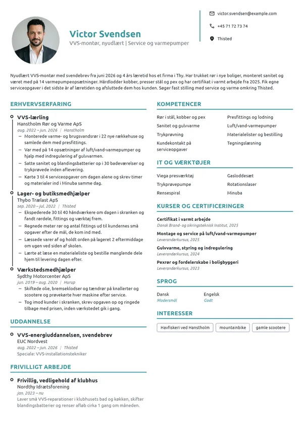 CV-eksempel til nyudlært VVS-montør med svendebrev