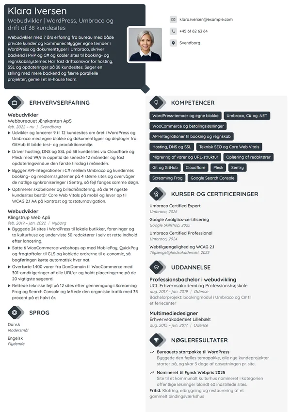 CV-eksempel til erfaren webudvikler i bureau