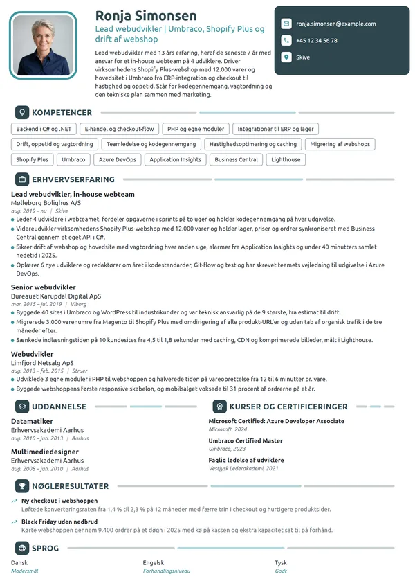 CV-eksempel til lead webudvikler med teamansvar