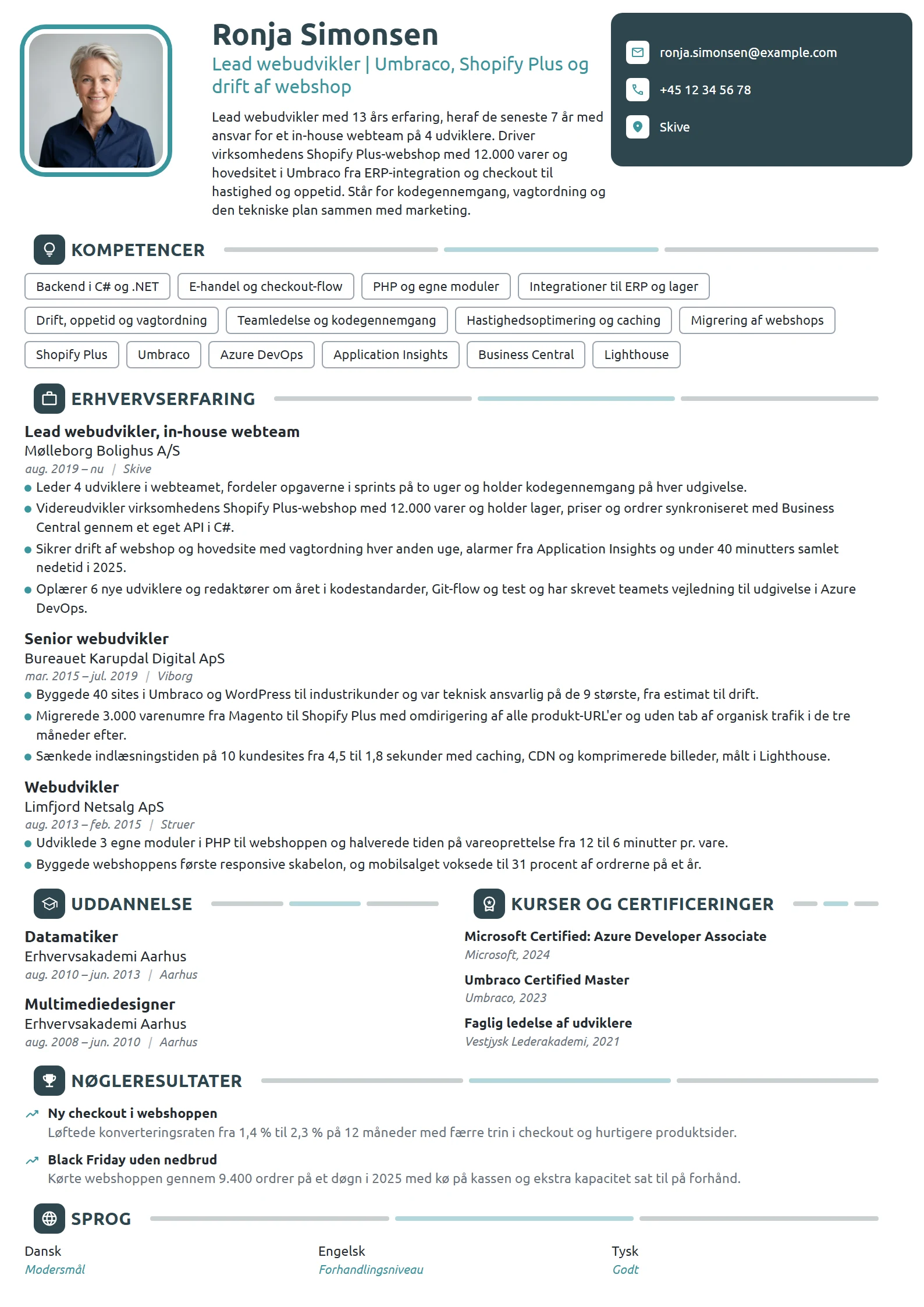 CV-eksempel til lead webudvikler med teamansvar